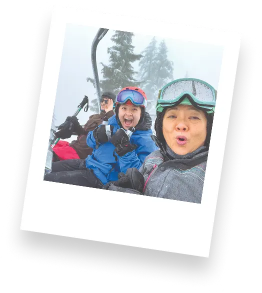 Polaroid photo of people on a ski lift