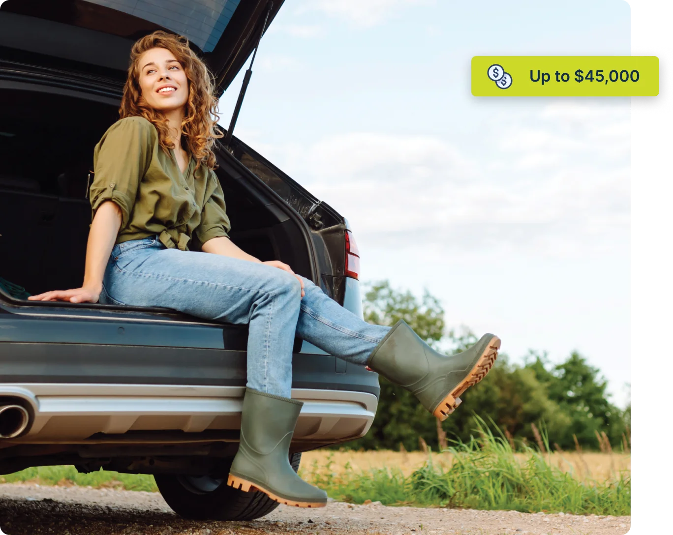 woman sitting in trunk of an SUV, with text that says "up to $45,000"